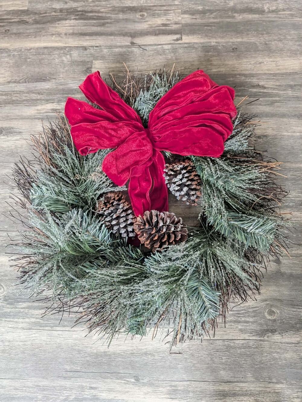 Frosted Christmas Wreath With Red Bow Pinecones Holiday Seasonal Door Decor 23"